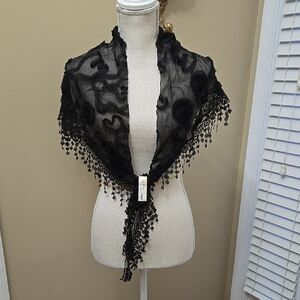 ACC EAM Black Sheer Lace Triangle Scarf Wrap Fringe Lace Trim New with tags